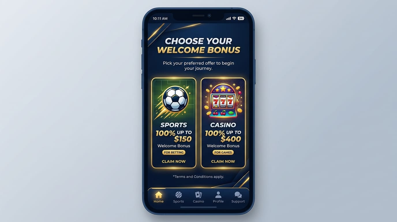 Selector del bono de bienvenida Deportes o Casino al hacer el primer depósito
